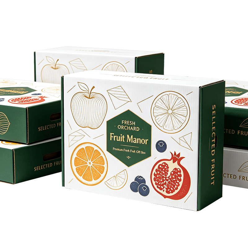 Confezione regalo di frutta ondulata completamente chiusa, illustrata a mano